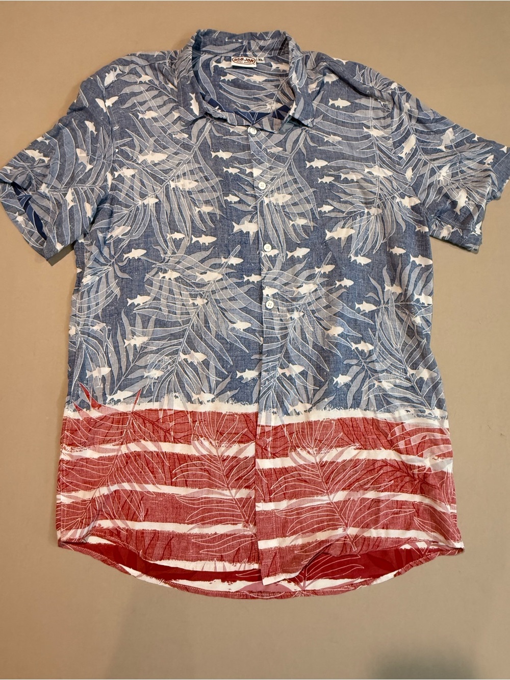 Ron Jon’s Short-Sleeve Button-Down Shirt — red white & blue shark and palm Print